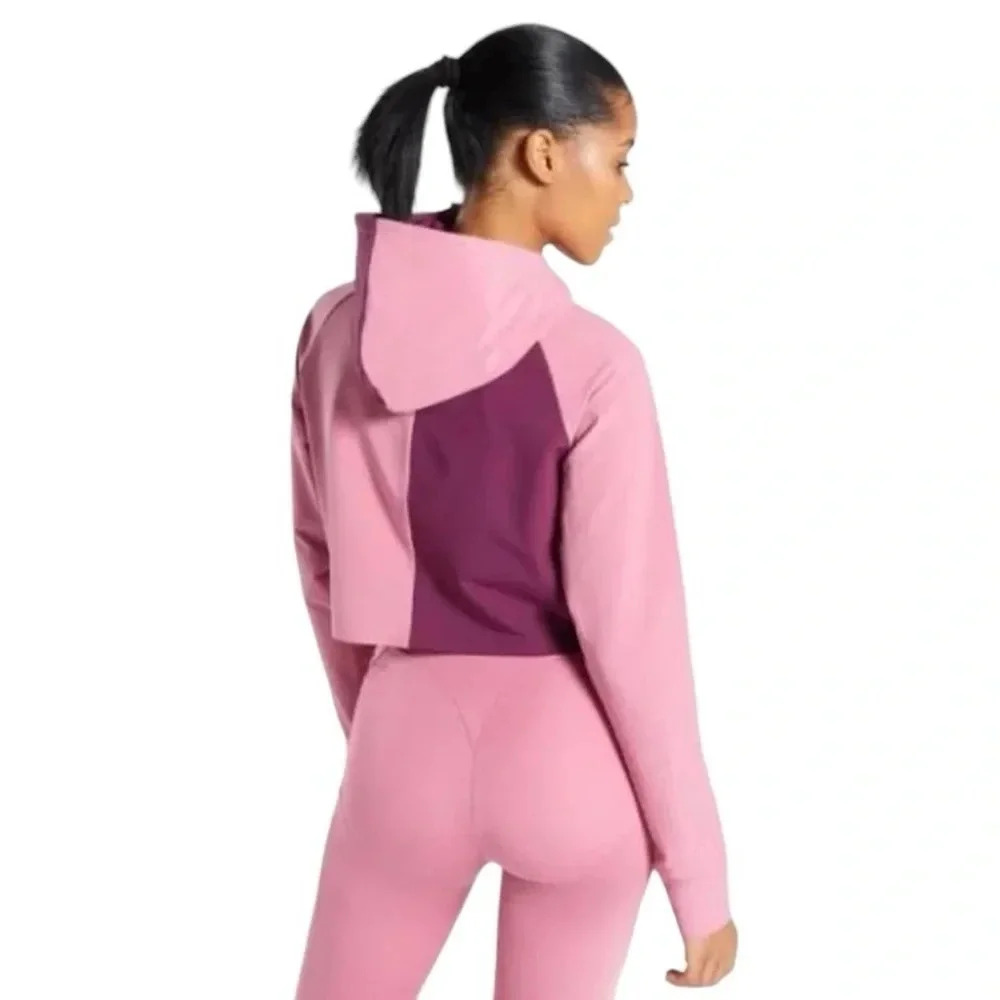 Gymshark Asymmetrical Performance Hoodie Dusty Pink Dark Ruby Colorblock Crop M - Picture 2 of 13